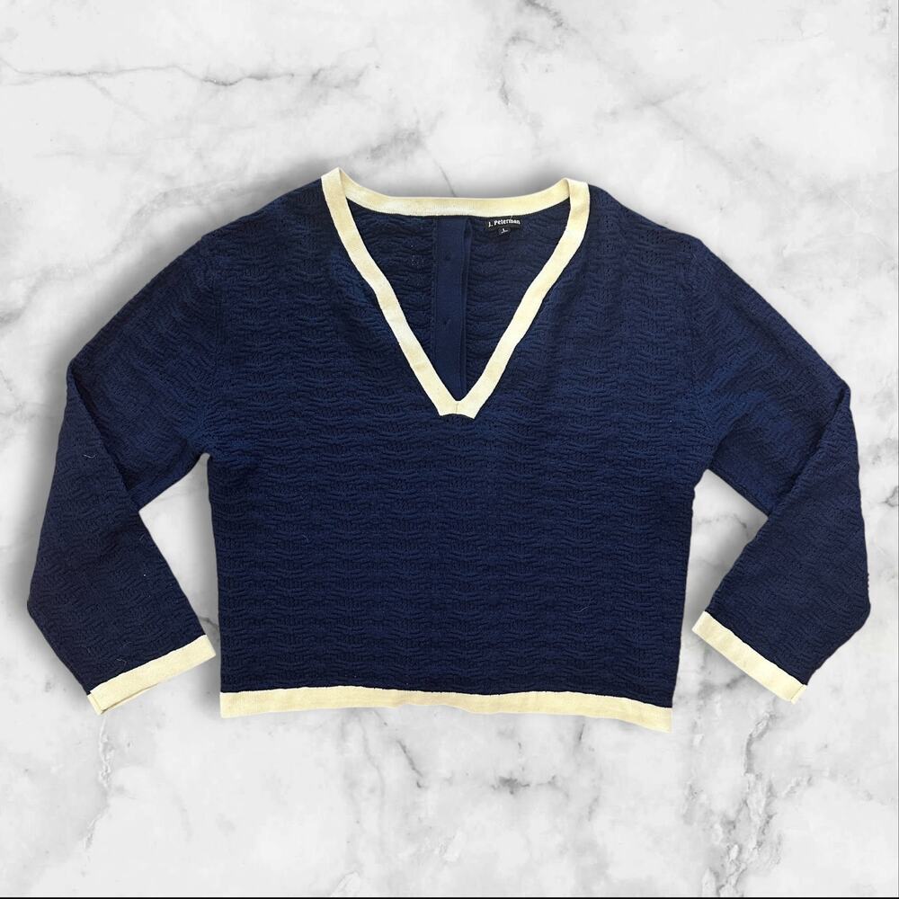 J. Peterman Contrast Trim V-neck Cotton Sweater Navy Sz L
